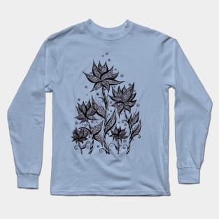 Abstract Flowers Lineart Blue Long Sleeve T-Shirt